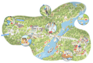Visjon A i prosjektet Hållbar platsutveckling Gamla Svinesundsbron har tema: Paus med äventyr på gränsen. Illustration: Per-Ander Nilsson Illustrationer AB