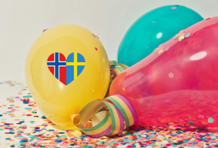 Ballonger och konfetti, norsk-svenskt hjärta på en gul ballong.